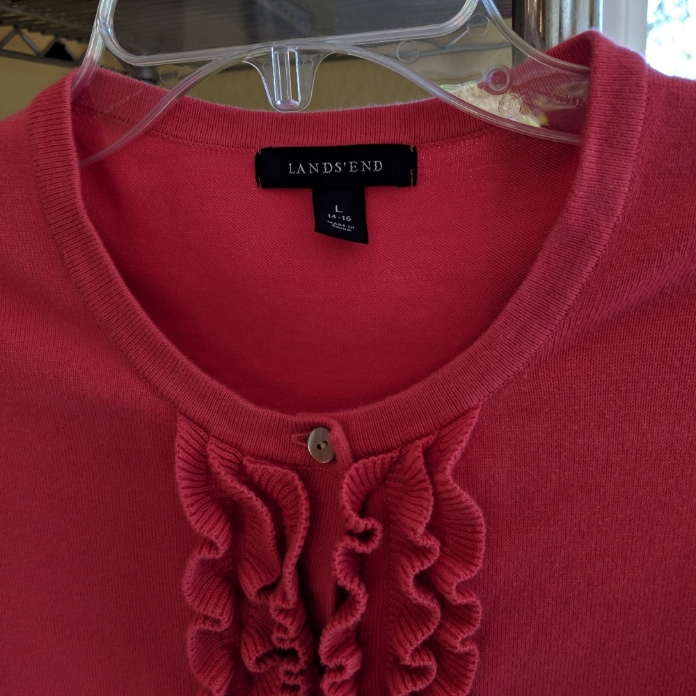 Lands End knit ruffle front cardigan sz L